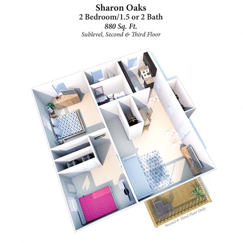 Floor plan for 2 beds, 1.5 baths, 880 sqft